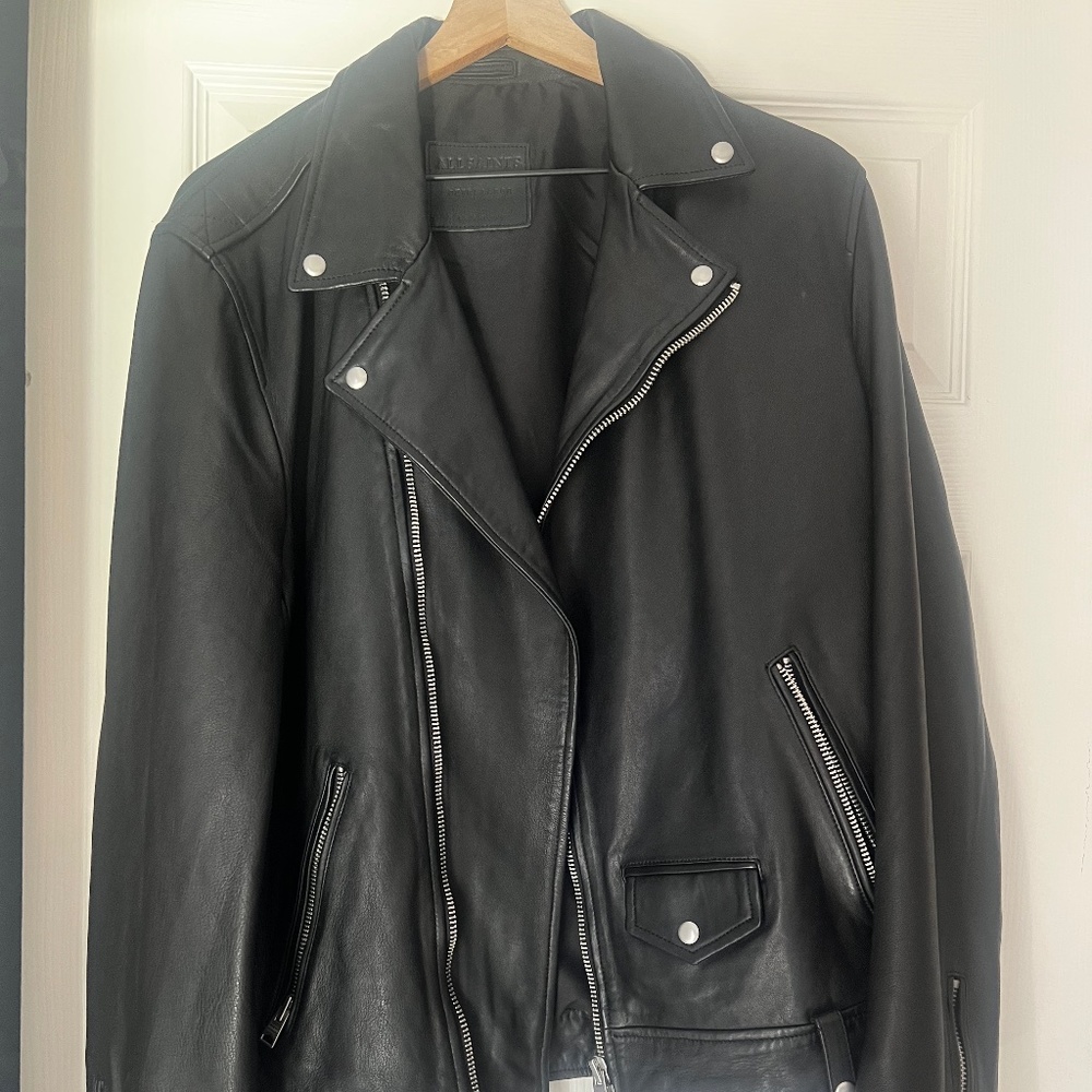 ALL SAINTS Milo Leather Biker Jacket-Black (XL): Men’s